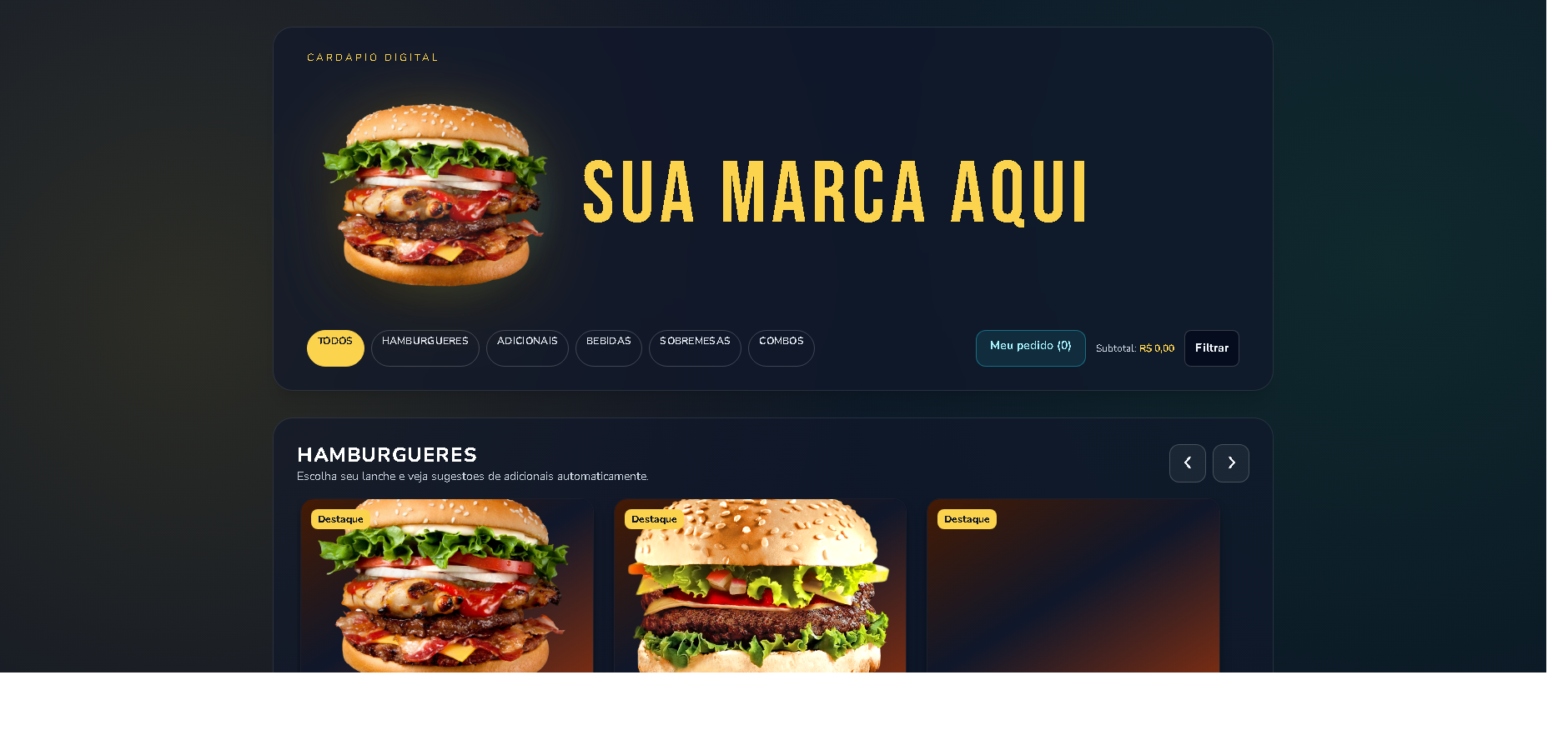 Preview do cardápio digital da lanchonete com PDVs